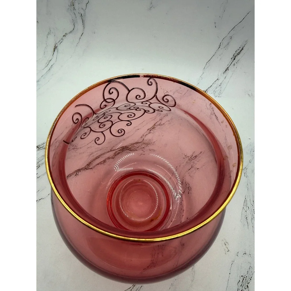 Vintage Cranberry Glass Rose Bowl Vase Gold Scroll Filigree Gilt Rim Pink 5in